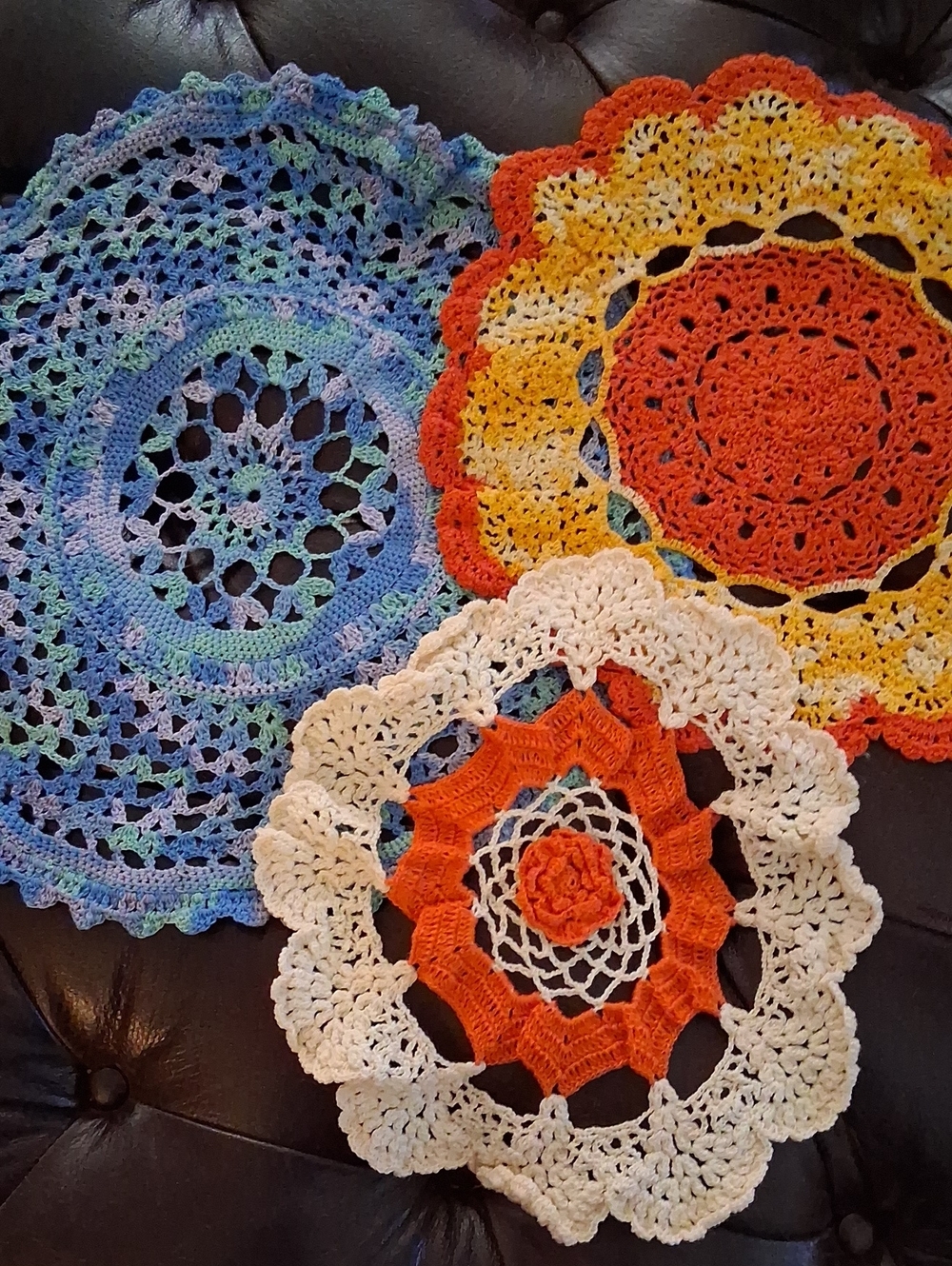 Three Handcrafted Multicolor Crochet Doilies